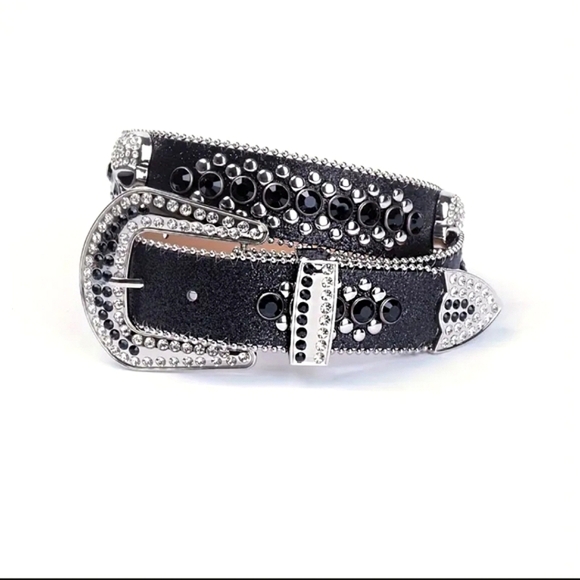 Womens Black & Silver Skull Moto Biker Western Silver Stud Rhinestone Bling Belt - Picture 9 of 11